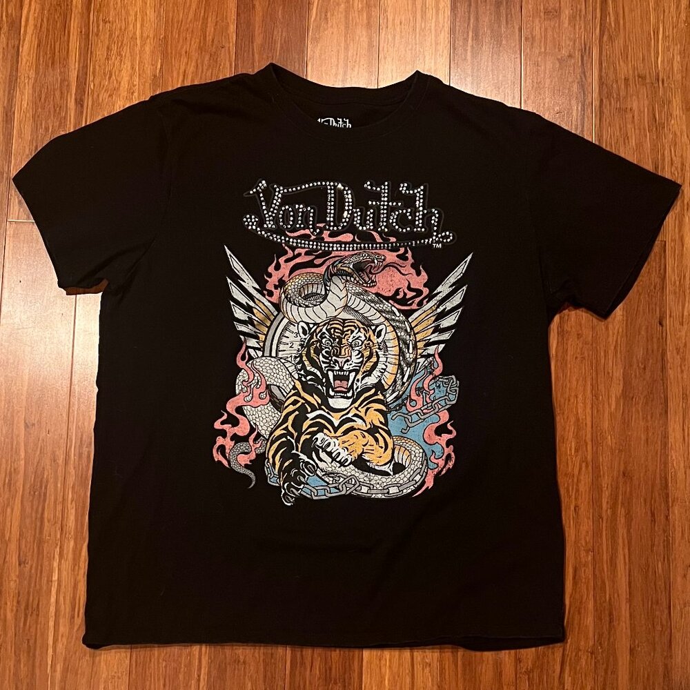 Von Dutch Beaded Logo Tiger Graphic T-Shirt Black Size XL Y2K Style